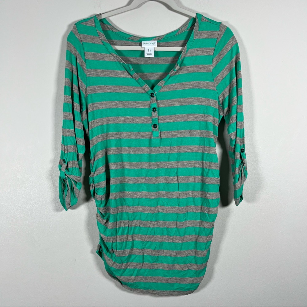Motherhood Maternity Green and Gray Striped Long Sleeve Maternity Top Women’s L